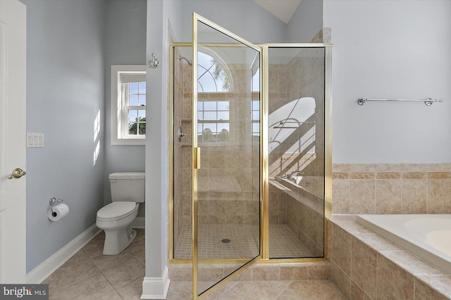 full bath featuring a garden tub, toilet, tile patterned flooring, and a stall shower