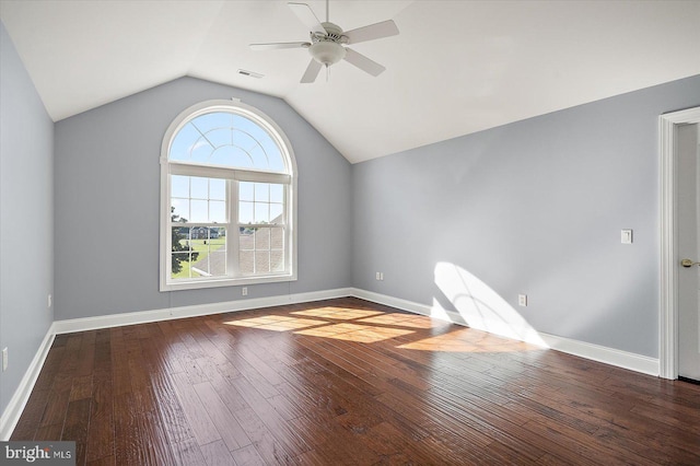 bonus room with a ceiling fan, visible vents, baseboards, lofted ceiling, and hardwood / wood-style floors
