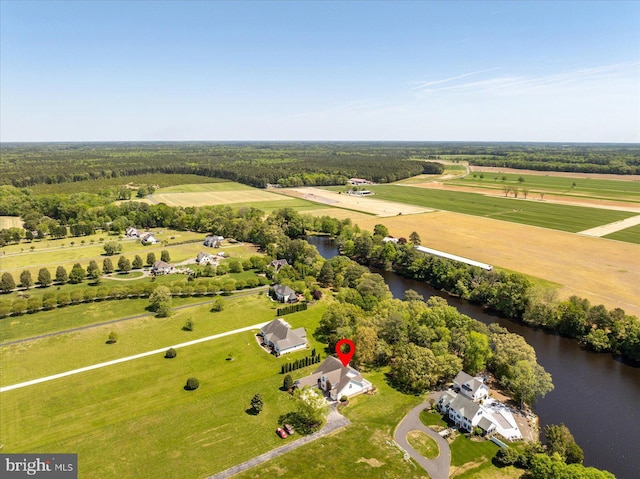aerial view featuring a water view and a rural view