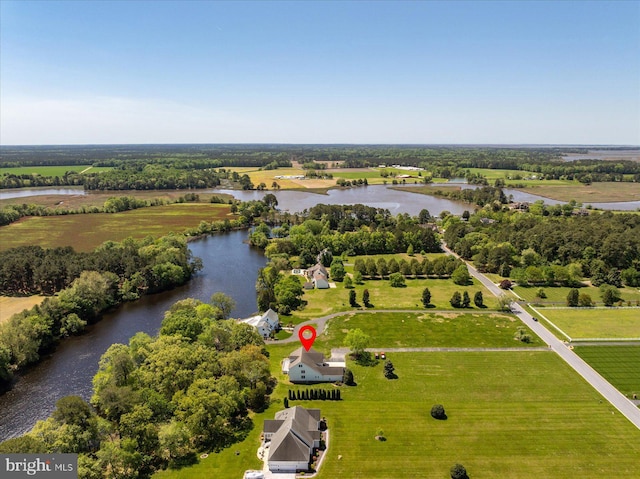 aerial view with a water view and a rural view