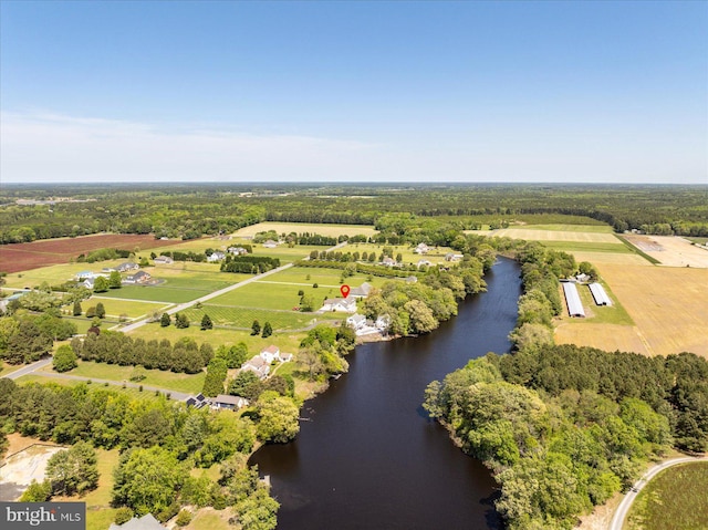 bird's eye view with a water view and a rural view