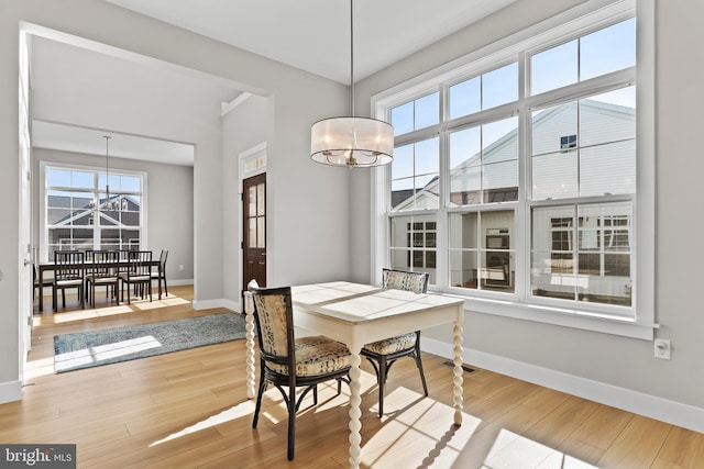 dining space featuring an inviting chandelier, light wood-style flooring, and a wealth of natural light