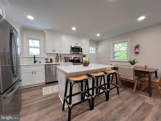 kitchen featuring a sink, backsplash, wood finished floors, and stainless steel appliances