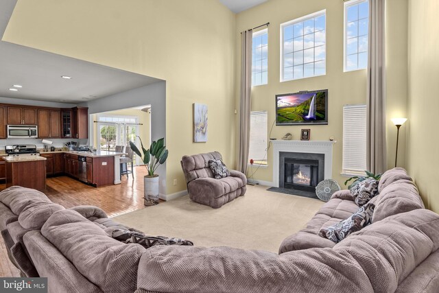 54 Durham Ln, Smyrna, DE 19977 - carpeted living room with a towering ceiling, baseboards, a fireplace with flush hearth, and a sink