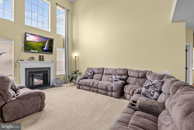 54 Durham Ln, Smyrna, DE 19977 - carpeted living room with a fireplace with flush hearth and a high ceiling