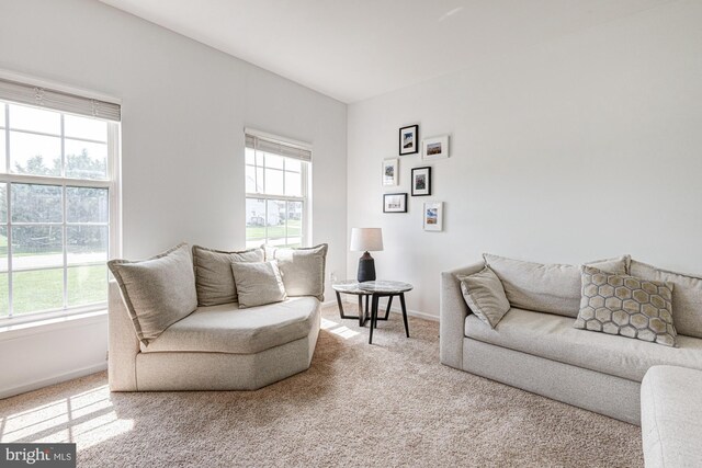 carpeted living area featuring baseboards