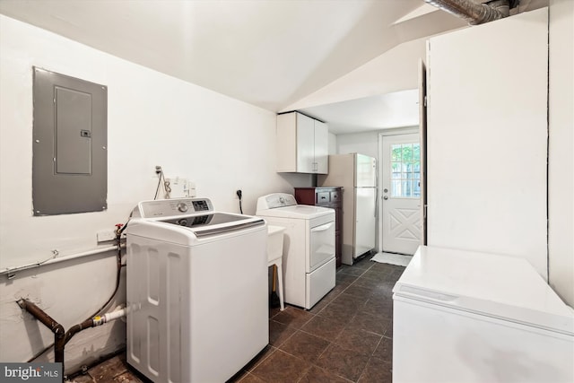 13446 Overbrook Ln, Bowie, MD 20715 - laundry room featuring cabinet space, independent washer and dryer, electric panel, and dark tile patterned flooring