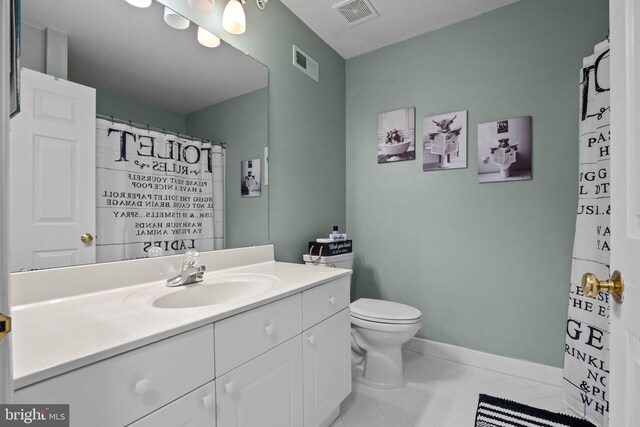 bathroom with visible vents, baseboards, toilet, and vanity