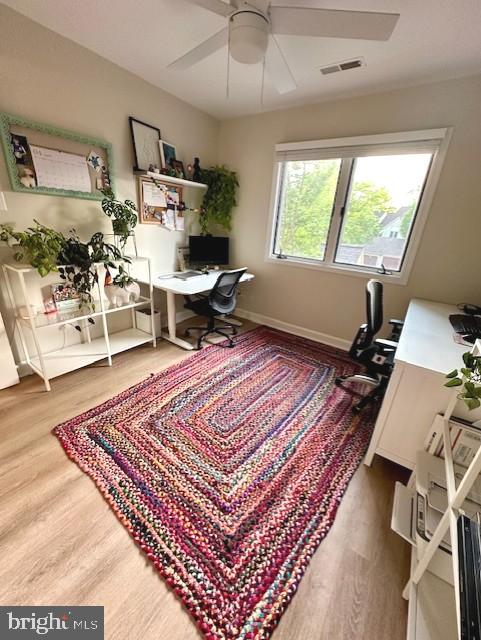 home office featuring ceiling fan, wood finished floors, and visible vents