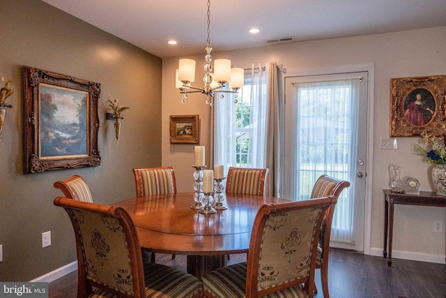 252 Parkside Ct, Woodstock, VA 22664 - dining space with baseboards, a chandelier, dark wood-style floors, and recessed lighting