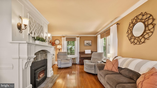 477 Linton Hill Rd, Newtown, PA 18940 - living room featuring crown molding, radiator, a glass covered fireplace, and hardwood / wood-style floors