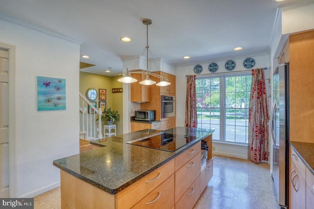 3201 Blue Heron Dr Unit 01, Rehoboth Beach, DE 19971 - kitchen featuring stainless steel appliances, baseboards, a kitchen island, dark stone countertops, and recessed lighting