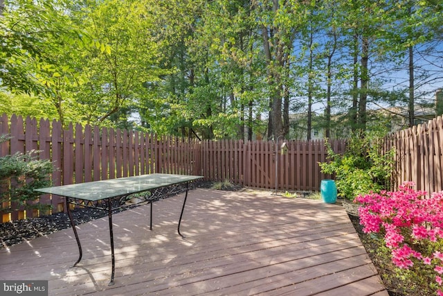 wooden terrace with a fenced backyard