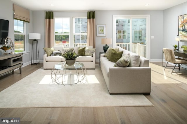 living area with plenty of natural light, baseboards, and wood finished floors
