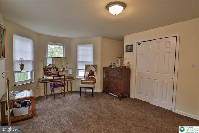 sitting room with carpet floors and baseboards