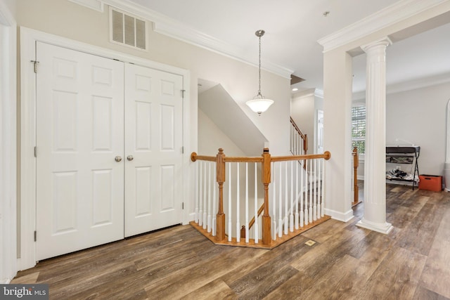 207 Community Center Ave Unit 207, Gaithersburg, MD 20878 - corridor with decorative columns, visible vents, ornamental molding, and wood finished floors