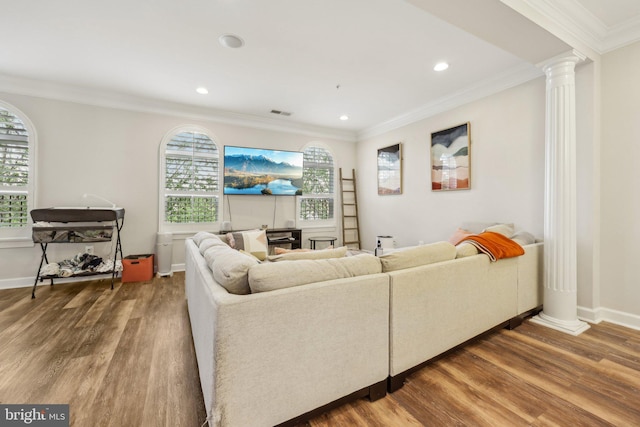 207 Community Center Ave Unit 207, Gaithersburg, MD 20878 - living room featuring decorative columns, a healthy amount of sunlight, and wood finished floors