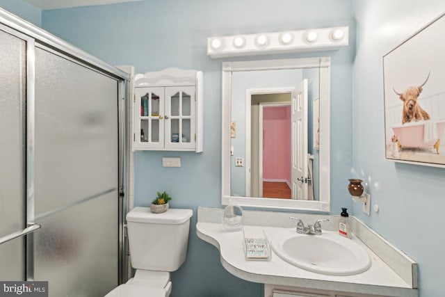 bathroom with vanity, a stall shower, and toilet