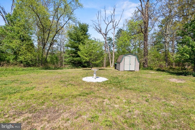 view of yard featuring a storage shed and an outbuilding