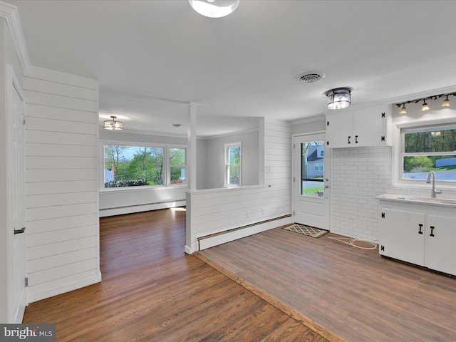 entrance foyer with visible vents, a baseboard radiator, and dark wood finished floors
