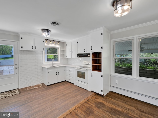 kitchen with crown molding, baseboard heating, open shelves, white range with electric stovetop, and under cabinet range hood