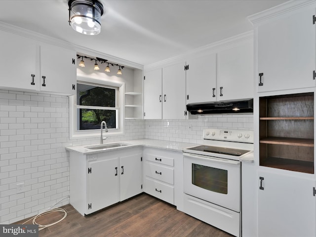 kitchen featuring white cabinets, white electric range oven, open shelves, a sink, and under cabinet range hood