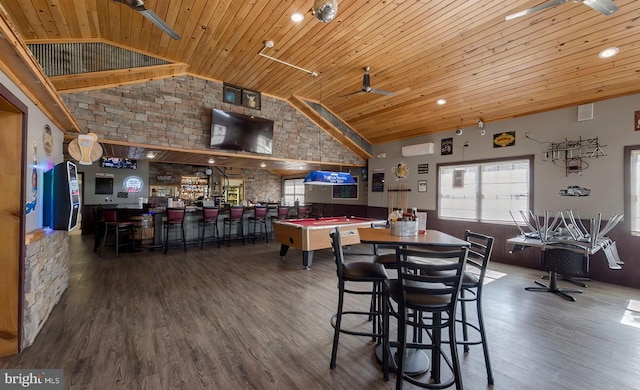 4547 Red Rock Rd, Benton, PA 17814 - dining space with a dry bar, high vaulted ceiling, pool table, wooden ceiling, and wood finished floors