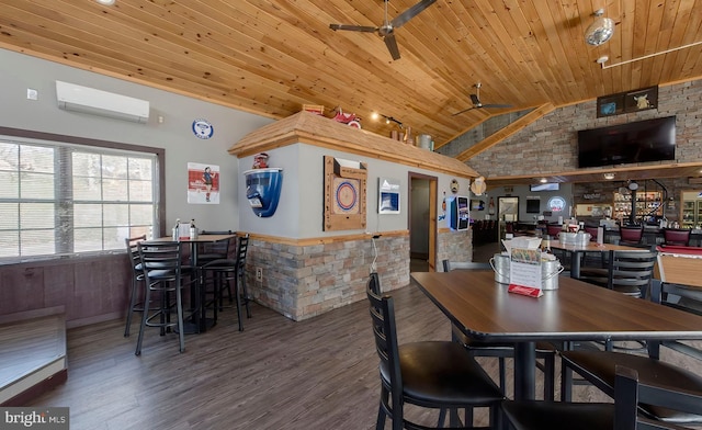 4547 Red Rock Rd, Benton, PA 17814 - dining area featuring lofted ceiling, wood ceiling, a wall mounted AC, a wainscoted wall, and a ceiling fan