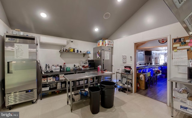 4547 Red Rock Rd, Benton, PA 17814 - kitchen with lofted ceiling, light floors, stainless steel fridge, recessed lighting, and a wall mounted AC