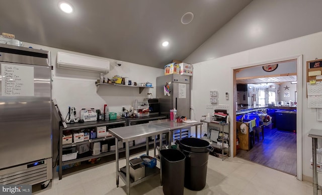 4547 Red Rock Rd, Benton, PA 17814 - kitchen with a wall mounted AC, vaulted ceiling, recessed lighting, and stainless steel refrigerator