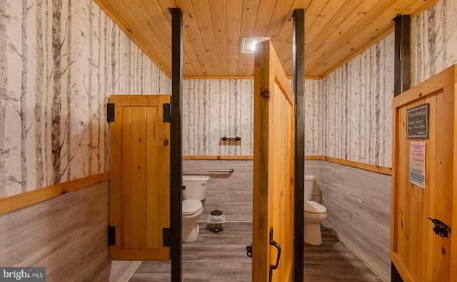 4547 Red Rock Rd, Benton, PA 17814 - bathroom with wooden ceiling, wallpapered walls, toilet, and wood finished floors