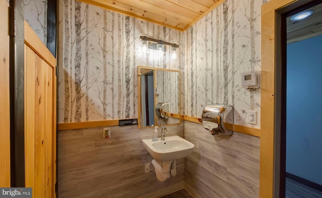 4547 Red Rock Rd, Benton, PA 17814 - bathroom featuring a sink, wooden ceiling, and wallpapered walls