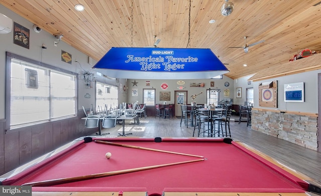 4547 Red Rock Rd, Benton, PA 17814 - playroom with pool table, wooden ceiling, wood finished floors, and lofted ceiling