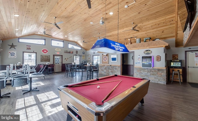 4547 Red Rock Rd, Benton, PA 17814 - recreation room featuring wood finished floors, ceiling fan, high vaulted ceiling, wood ceiling, and billiards