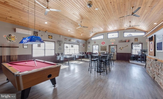 4547 Red Rock Rd, Benton, PA 17814 - game room with wainscoting, wood finished floors, wooden ceiling, a ceiling fan, and vaulted ceiling