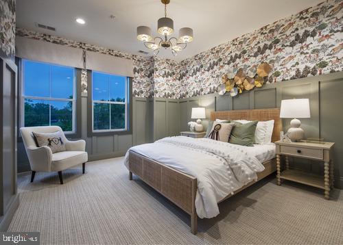 bedroom with carpet flooring, recessed lighting, a notable chandelier, and visible vents