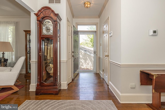 entrance foyer with baseboards, ornamental molding, dark wood-style floors, and a wealth of natural light