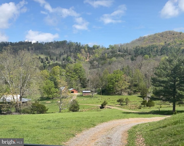 view of community with a yard, a rural view, and a wooded view