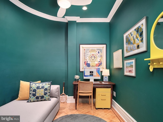 office featuring crown molding, recessed lighting, baseboards, and a ceiling fan