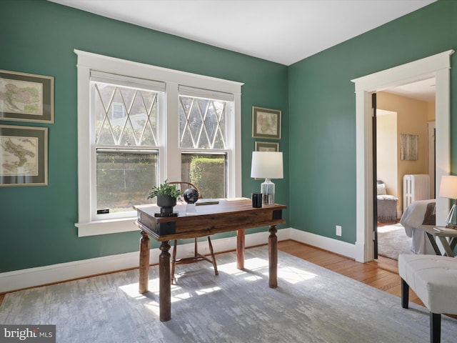 office space featuring radiator heating unit, baseboards, wood finished floors, and a healthy amount of sunlight
