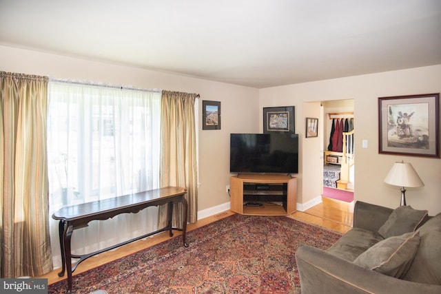 living room with baseboards and wood finished floors