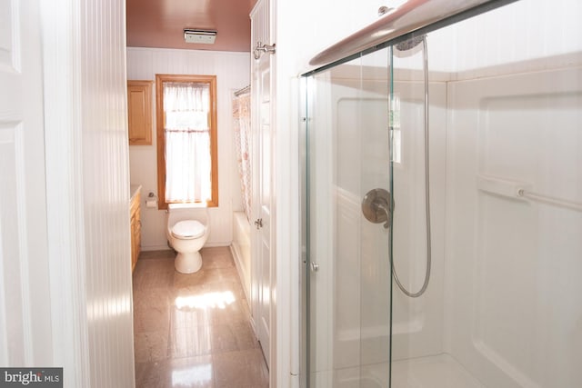 full bath featuring an enclosed shower, vanity, and toilet
