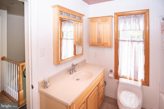 bathroom with vanity, a healthy amount of sunlight, and toilet