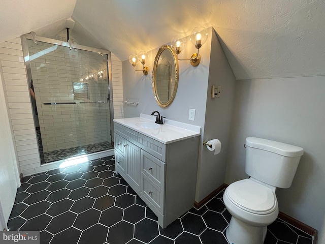 bathroom featuring toilet, tile patterned flooring, a shower stall, and lofted ceiling