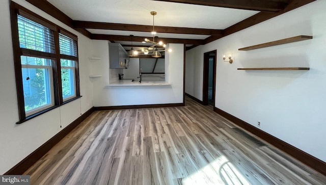 unfurnished living room with baseboards, a sink, wood finished floors, and beam ceiling