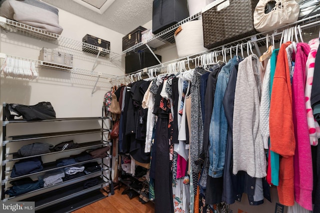 walk in closet featuring attic access and wood finished floors