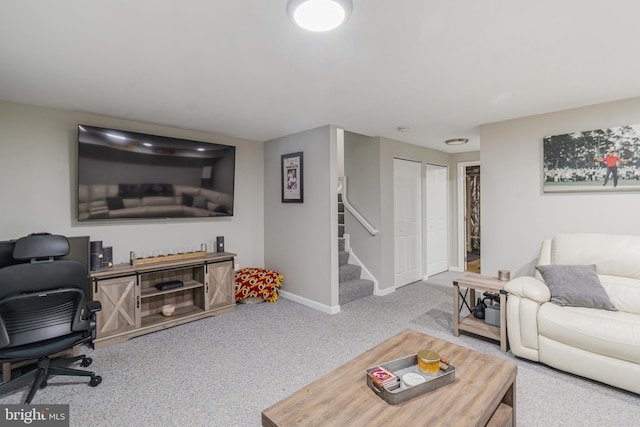 602 Lions Gate Ln, Odenton, MD 21113 - living room with stairway, carpet flooring, and baseboards