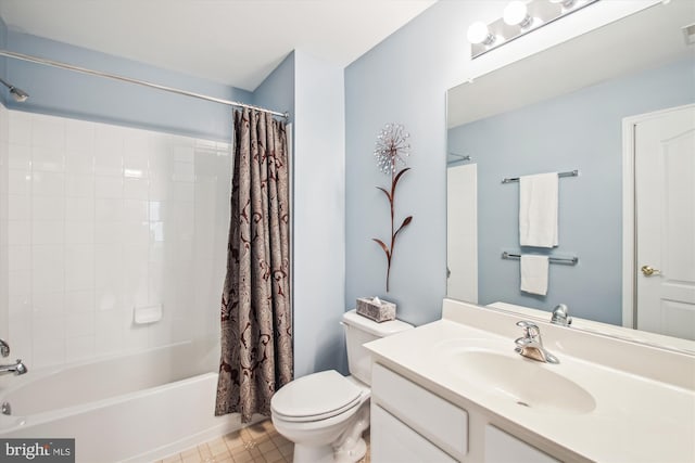 bathroom with tile patterned flooring, vanity, shower / tub combo with curtain, toilet, and visible vents