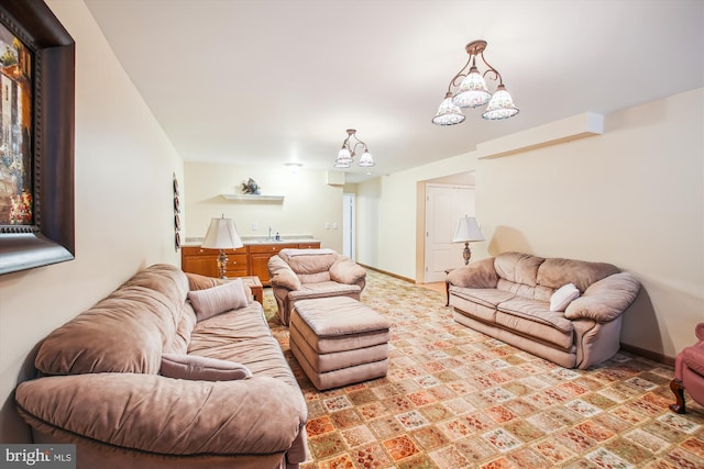 living area with indoor wet bar and light colored carpet