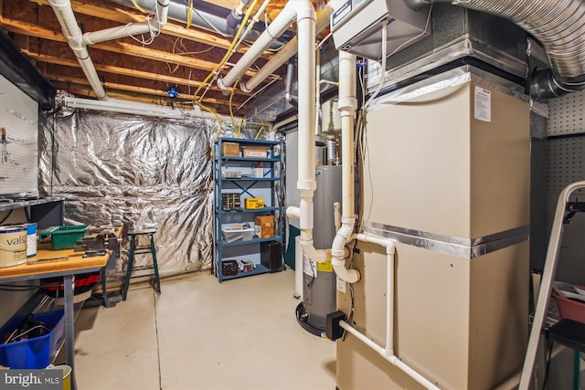 unfinished below grade area with heating unit and water heater